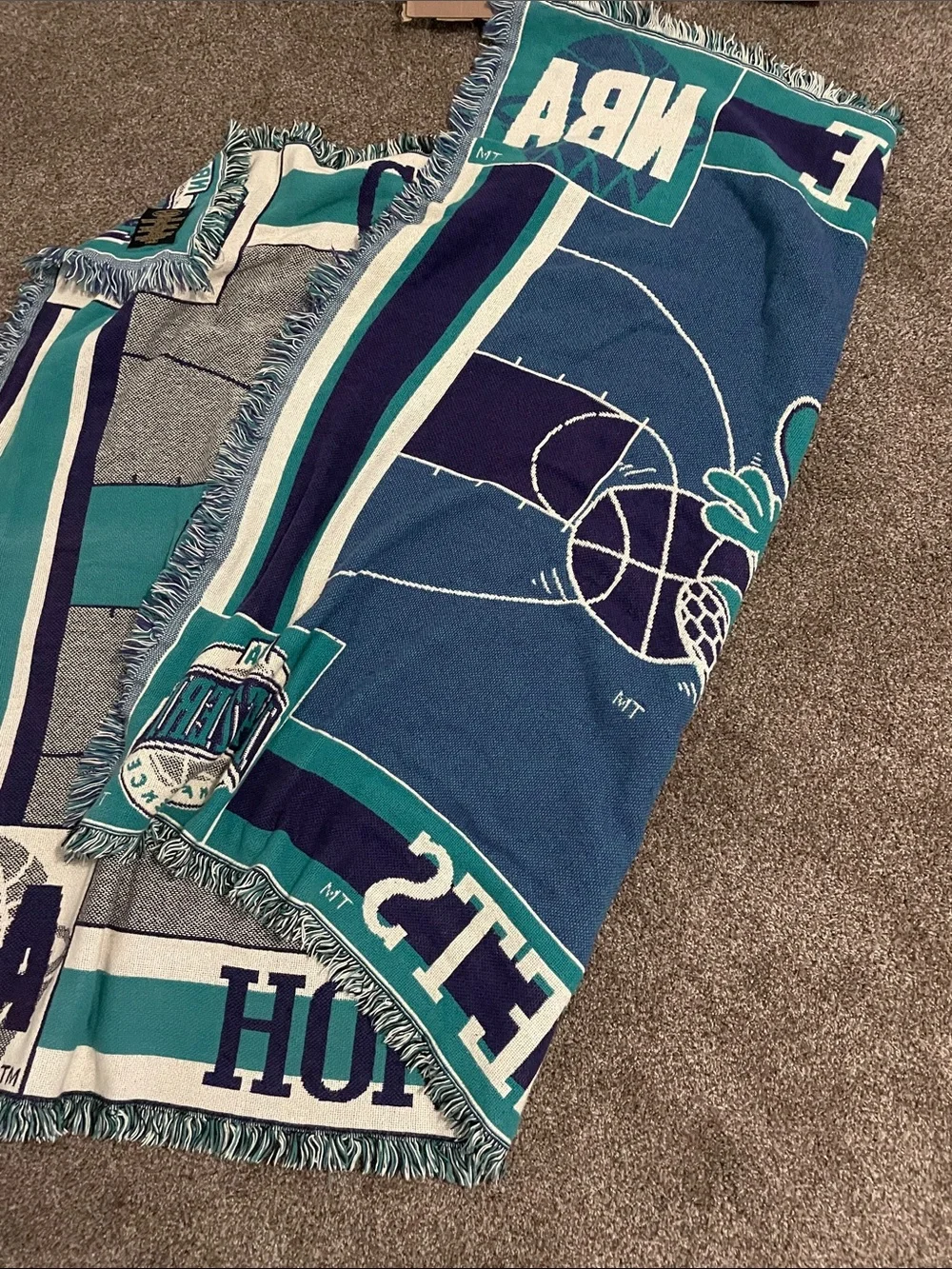Vintage 90s Charlotte Hornets Throw Blanket - Teal, Navy, White